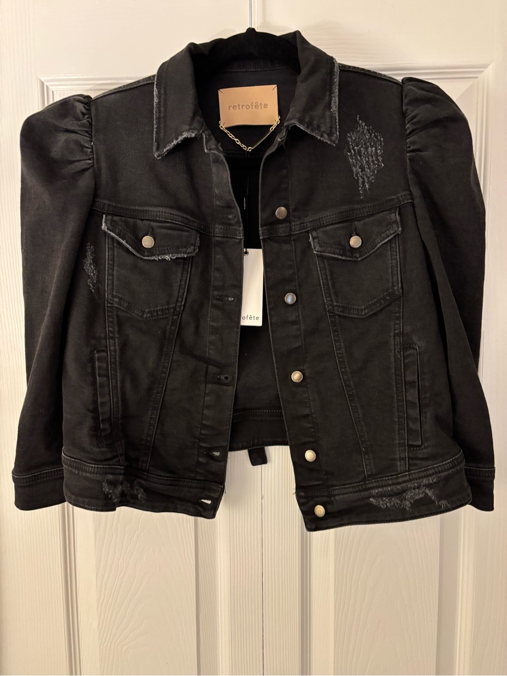 Black Puff Sleeve Denim Jacket - Women Jackets & Coats - Picture 4 of 7